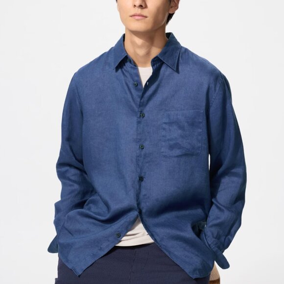 Uniqlo Other - Uniqlo Navy Blue Long Sleeve 100% Linen Casual Button Down Shirt Front Pocket